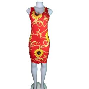 Red chain link mini dress with sunflowers